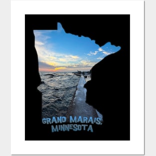 Minnesota State Outline - Grand Marais Sunset Posters and Art